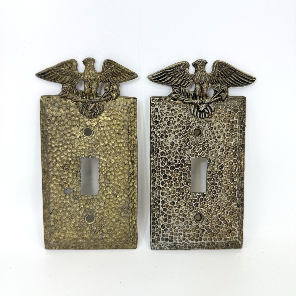 VTG‎ Edmar Brass Eagle Toggle Switch Plate Cover Pair Hammered Antique Gold USA
